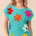 BiBi Blue Teal Floral Crochet Knit Short Sleeve Sweater Top Sz M Size M Photo 0