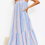 Loft  Midi Dress Pastel Blue Pink Plaid Smocked Tiered Square Neck Sundress Photo 0