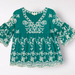 Solitaire  Boho Emerald Green Embroidered Floral Cold Shoulder Top Size M Boho‎ Photo 0