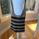 Vintage Boho Black and Taupe Tan Striped Crochet Woven Shoulder Crossbody Bag Photo 12