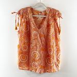 Anthropologie  V Neck Short Sleeve Tie Tassel Shoulder Printed Top Blouse Orange Photo 3