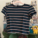 Forever 21 women's striped black, white, and teal short-sleeved crop top Photo 0