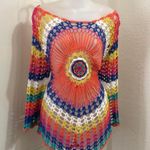 2000s Y2K Retro Boho crochet hippie indie colorful top blouse off shoulder long sleeves floral flower Size S Photo 1