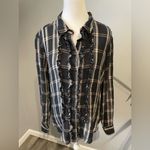 Anthropologie  Pilcro Ruffled Buttondown Shirt in a black, cream, and pink plaid Photo 3