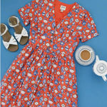 Joanie x Molly Hatch Tea Pot Fit & Flare Button Front Shirt Dress Size Small Red Photo 0