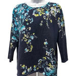 Alfred Dunner PL Floral 3/4 Sleeve Top Navy Cotton Knit Rhinestone Sparkle Photo 0