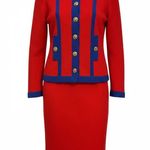 Vintage Castleberry Knit 2pc Skirt Suit Set Red Blue Trim Brass Buttons Size 8 Photo 0