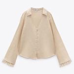 ZARA  button down beige linen fringe top Photo 3