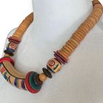 Vintage Necklace Hand Painted Wooden Discs Multicolored Tribal Art To Wear Tan Photo 1