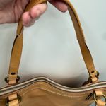 Coach Tan Leather Shoulder Bag Front Buckle Pocket Dual Handles Classic Style Photo 13