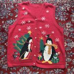 Tiara International Vtg  Large Penguin Christmas Sweater Vest Red Cottagecore Photo 0