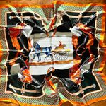 Vintage Equestrian themes print ORANGE/BLAK oversized silky Scarf 35/35 Orange Photo 0