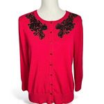 Cable & Gauge  Red cardigan sweater with black sequin embellishment holiday retro Photo 0