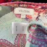 Velzera Mini Dress Tunic Green Pink Paisley Crochet Fringe Bell Sleeves SZ LG Photo 7