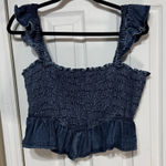 American Eagle  Outfitters Blue Denim Smocked Ruffle Crop Top Photo 0