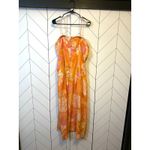 Farm Rio Women’s Large Linen Blend Orange Strapless Drop Waist Maxi Dress Floral Photo 3