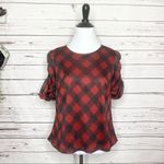 Red Plaid Ruched Sleeve Blouse Top Size Small Holiday Academia Preppy Office Photo 7