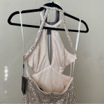 Mac Duggal Ieena for  sequined halter‎ cut out ruffle Asymmetrical dress in nude Photo 10