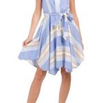 1. State  Linen Blend Midi Shirt Dress Medium Blue Striped Belted Coastal Hamptons Photo 0