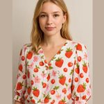 Rose + Olive White Red Strawberry Cherry Tie Front Blouse Size Large Photo 0