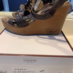 Coach Brown Leather Wood Wedge Sandals Size 8.5 Photo 3