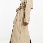 ASOS DESIGN Tan Faux Leather Trench Coat Size 12 Long Preppy Chic Minimalist Photo 14