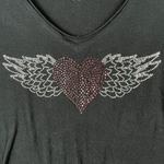 Jakes Rhinestone Heart Wings Long Sleeve Shirt Womens XL Black Y2K Graphic Photo 2