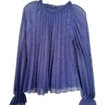 ZARA  Knit Blue Pleated Bell Sleeve Ruffle High Neck Semi Sheer Blouse Size M Photo 5
