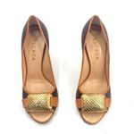 Escada Logo Plate Woven Canvas Brown Peep Toe Pumps Heels Shoes Womens size 38 Photo 3