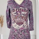 Early 2000's Grunge Tattoo Graphic Studded Gray Purple Grunge 3/4 Sleeve Top M Size M Photo 0