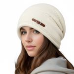 Slouchy Stretchy Winter Cozy Cream Buckle Beanie Knit Hat One Size Thick Soft Tan Photo 0