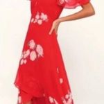 Lulus  Red Floral Ruffle Spaghetti Strap Off Shoulder Love In Bloom Maxi Dress SM Photo 0