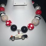 Vintage Black, white and Red Bubblegum Acrylic Necklace With Police Car Charm Black Photo 3