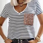 BLACK WHITE CHIC STRIPED TEE SEXY NECKLINE SEQUINED POCKET LARGE Photo 0