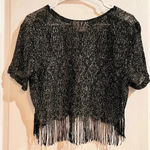 90s Black Silver Cropped Fringe Top Size 12 Photo 0