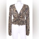 ZARA ✨ Black Cream Leopard Print Faux Wrap Smocked Long Sleeve V Neck Sz M Top✨ Photo 1