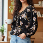 About A Girl  Boutique Black Floral Mock Wrap Cropped Blouse Size Medium 3/4 Photo 0