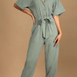 Lulus NWT  Relaxed Life Sage Green Short Sleeve Jogger Jumpsuit XS Photo 0