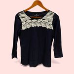 Talbots Cute navy cotton lace crochet overlay boho top  long sleeve lattice Photo 2