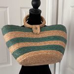 Handmade  Paper Straw Green and Tan Striped Tote Photo 0