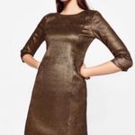 ZARA Trafalac Metallic Bronze/Gold Mini Dress 3/4 Sleeve Size Large Bodycon Photo 3