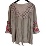 Anthro Fig and Flower Womens Boho Peasant Flowy Top Size Large Embroidered Tan Photo 1