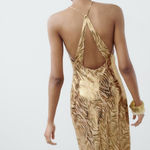 ZARA  NWT VIRAL TIK TOK metallic GOLD FOIL ANIMAL PRINT Midi halter midi DRESS S Photo 10