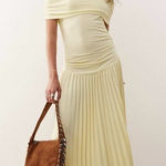 LIONESS  Field of Dreams Maxi Dress Lemon Butter Yellow Off Shoulder Pleated M Photo 0