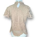 Ultra Pink  Top Tan Crochet Floral Lace Short Sleeve High Neck Open Keyhole Back Photo 1