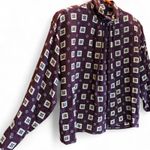 Anne Klein 80s VTG Burgundy 100% Silk Jacquard Weave Geometric Mock Neck Blouse size 12 Photo 1