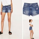ZARA NWOT   Embroidered and Beaded Denim Jean Short Photo 1