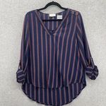 Workshop The  Women's Blouse Tunic Roll Tab Sleeve Blue Striped V Neck Sz Medium Photo 0