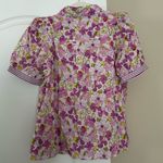 Entro  Floral Button-Up Puff Sleeve Blouse with Stripe Detail on Sleeve and Neck Photo 4