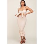 Mable Smocked Midi Dress Small Beige Floral Tie Shoulder Cutout Ruffle Hem Tan Photo 1